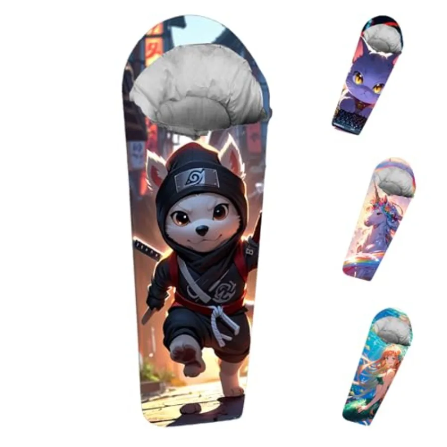 

Mummy Style 32 59F Sleeping Bag with Pillow Sleeve Full Scale Digital Printing Unicorn Kitty or Puppy Lightweight Ideal for Cam