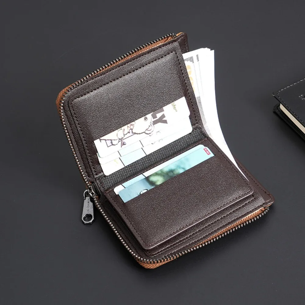 محفظة رجالية كلاسيكية عصرية قصيرة مضادة للسرقة وحامل بطاقة الائتمان RFID وسحاب للإغلاق بلون سادة محافظ ثنائية الطي للرجال يوميًا #4