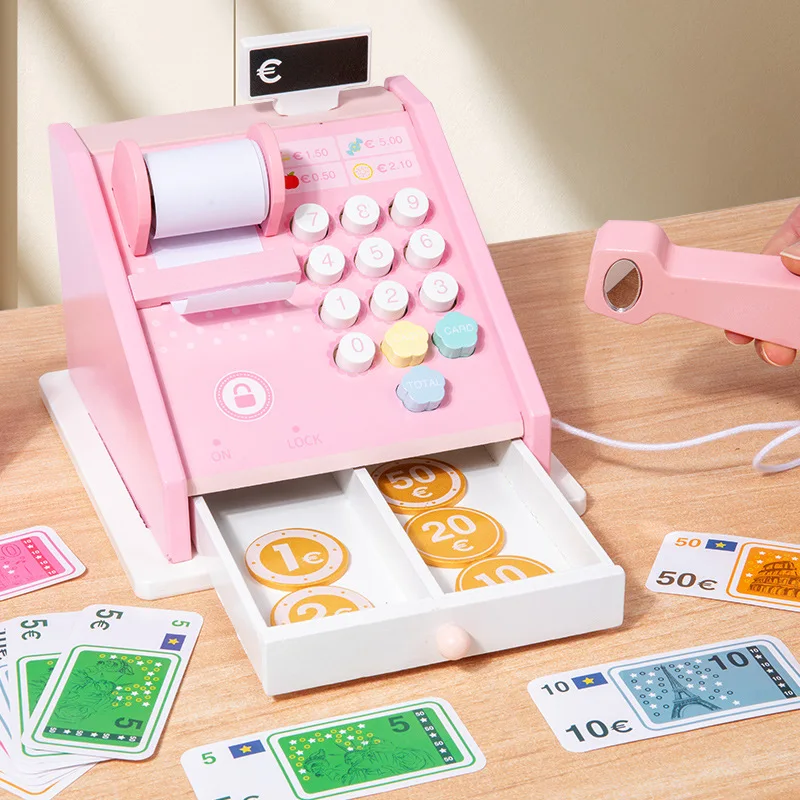 Nuevos juguetes para jugar a las casitas, caja registradora de madera, juguetes de simulación para supermercado, mostrador de caja, juguetes de juego de rol para niños, regalo de cumpleaños para niñas