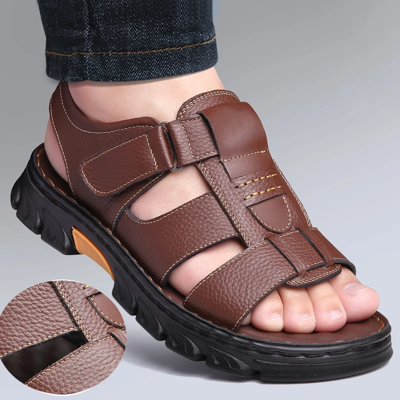 Summer Soft Leather Sandals Men Lightweight Outdoor Comfortable Beach Casual Shoes Genuine Leather Walking Footwear Sandalias