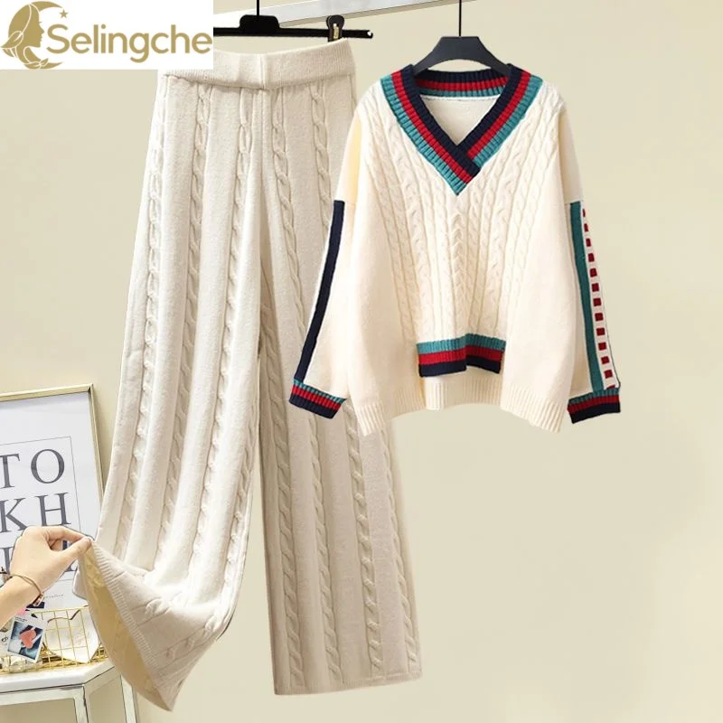 V-neck Long Sleeved Knitted Patchwork Sweater Pullover Linen Pattern Wide Leg Pants Two-piece Elegant Women's Pants Suit