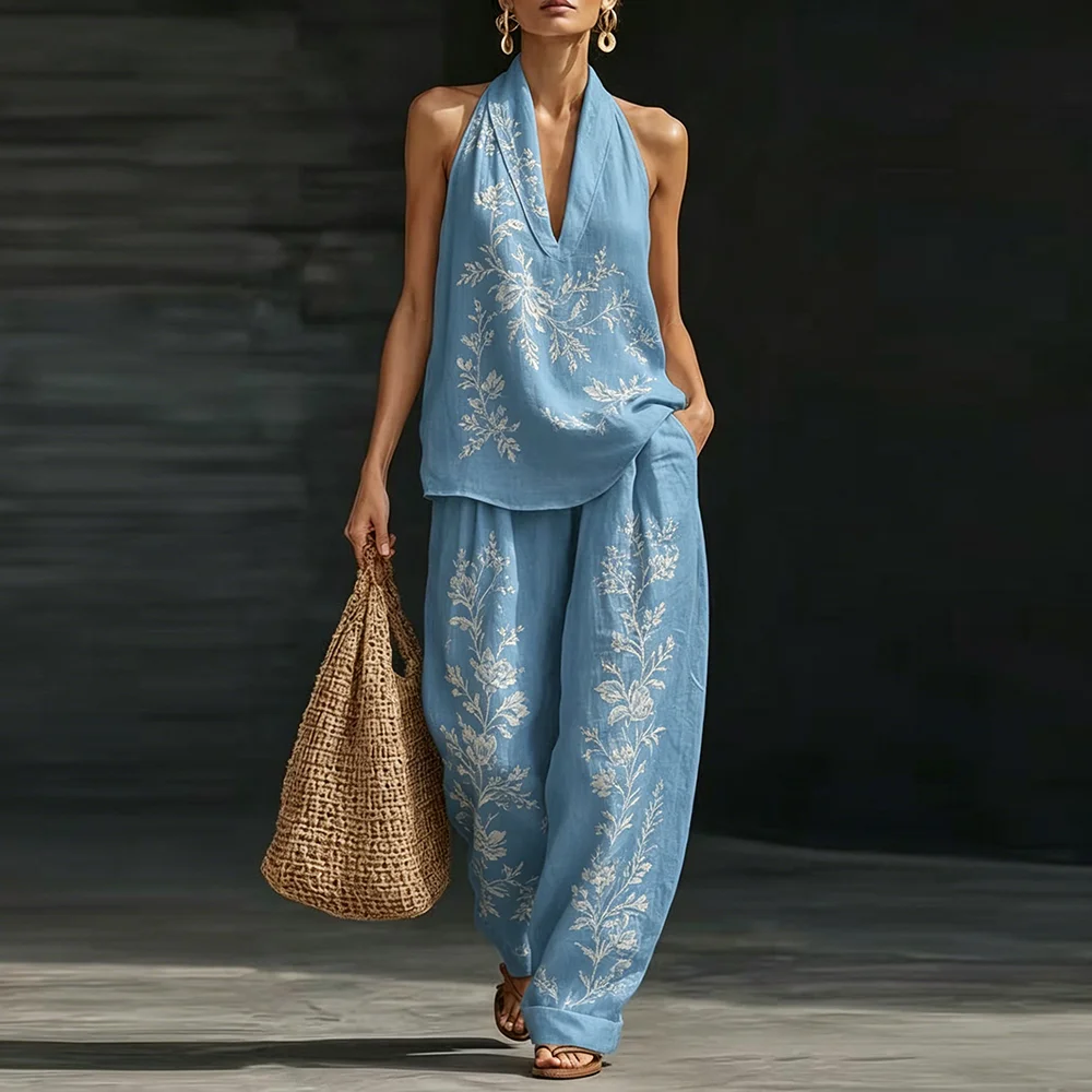 

Women's Elegant Summer Women Two Piece Set Simple Floral Printed Halter Top with Matching Pants Boho Beachwear Vacation Outfit