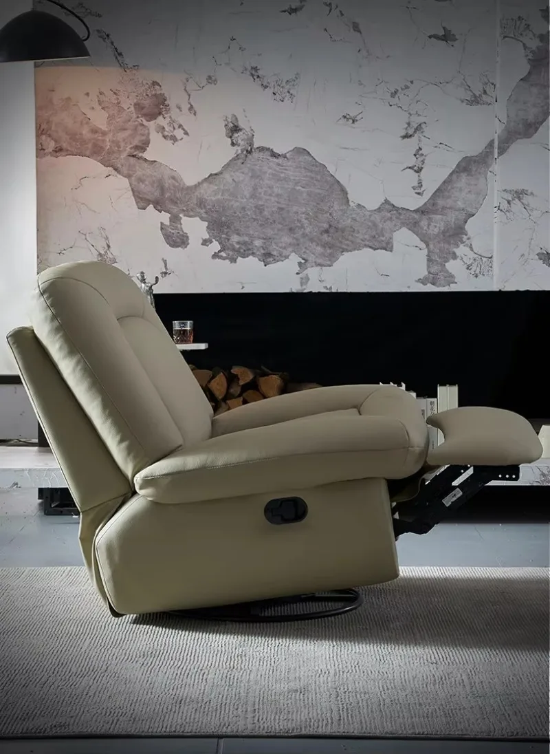 Single reclining chair, multifunctional genuine leather chair with multicolored phone stand, living room sofa with metal frame
