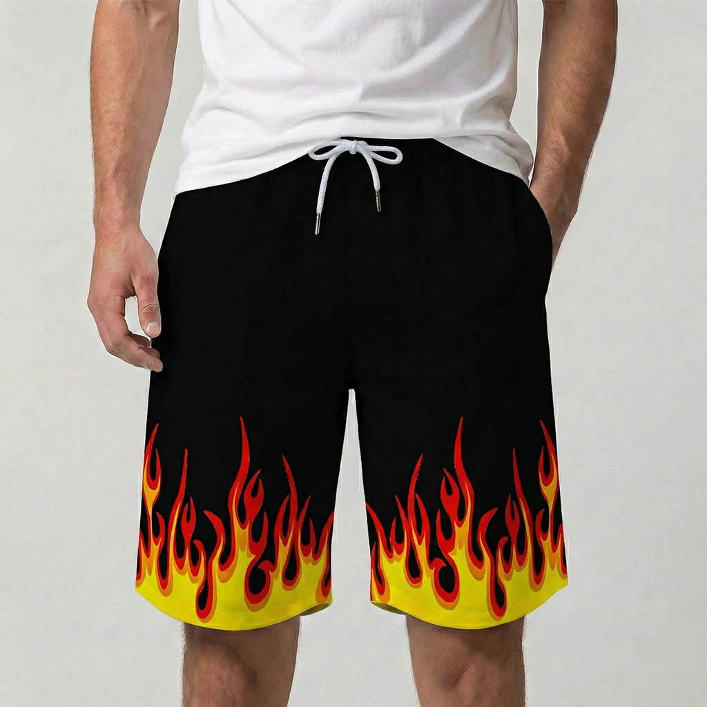 

Уличные шорты в стиле хип-хоп с пламенным рисунком в стиле Харадзюку, модные пляжные шорты Y2k, спортивные повседневные дышащие быстросохнущие мужские брюки