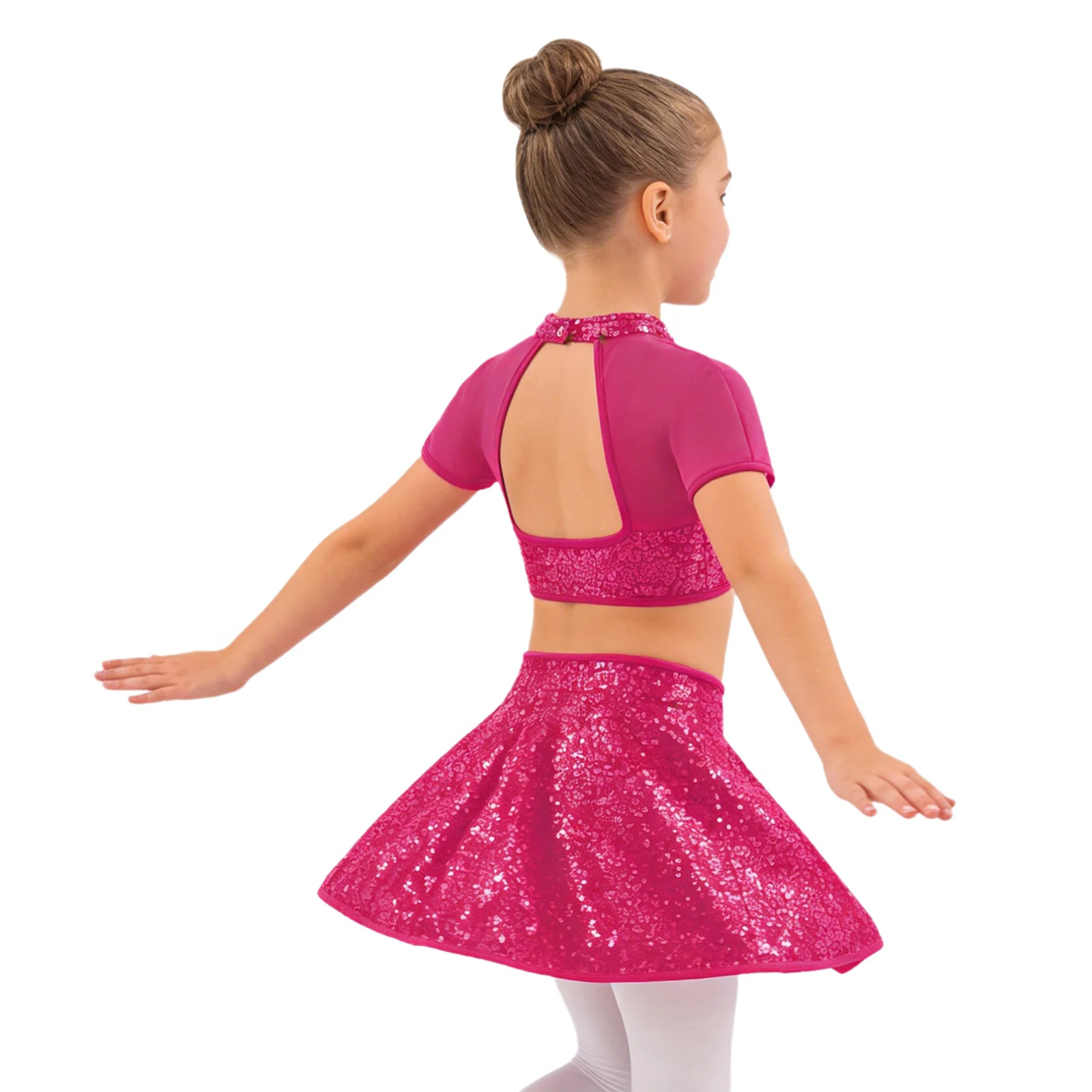 Kids Girls Shiny Sequins Ballet Dance Outfit Short Sleeves Mesh Crop Tops with Skirt for Cheerleading Figure Skating Gymnastics
