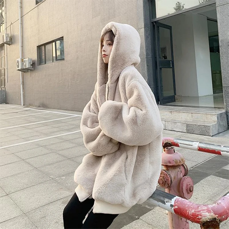 Beige Apricot Fluffy Jacket for Women 2023 Autumn Winter Thick Warm Elegant Lady Clothes Furry Outerwear Faux Rabbit Fur Coat