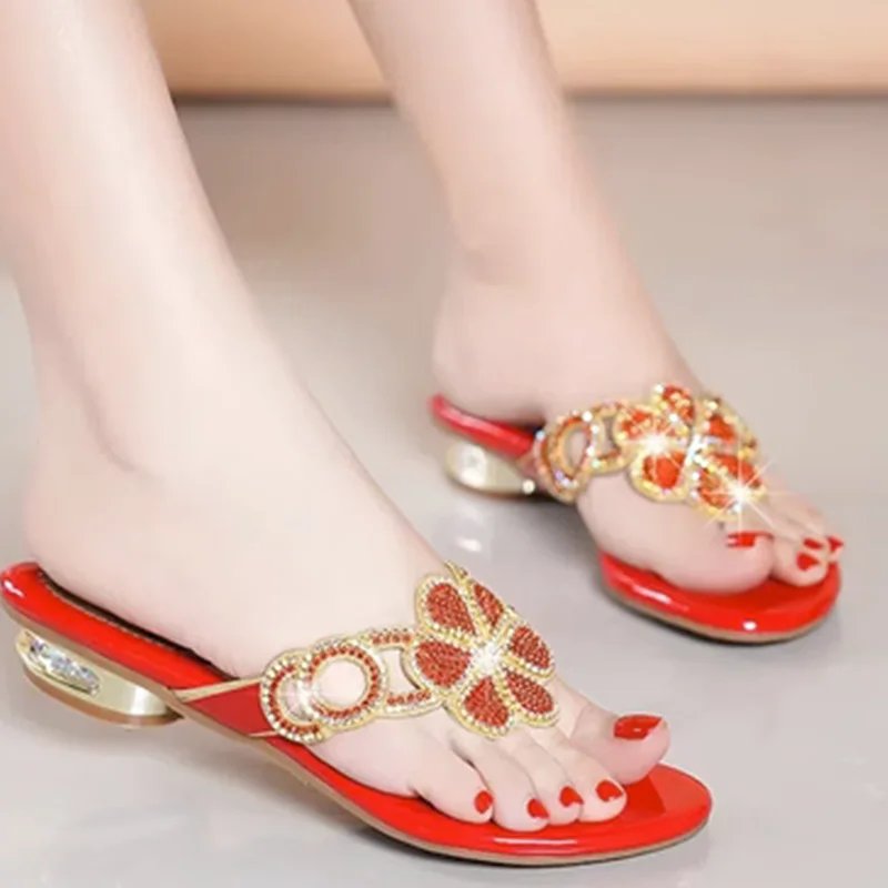 Women Luxry Small Heels 3cm Traveling Comfortable Slippers Crystal Flowers Slides Golden Low Price Choice Flip-Flops 35-41 Zoris