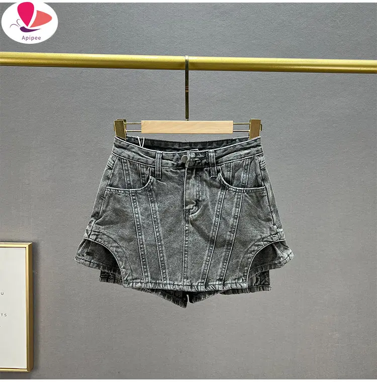 

APIPEE Women Shorts New High Waist Fashion Spring Summer Personality Street Asymmetrical Denim Shorts Skirt 2024