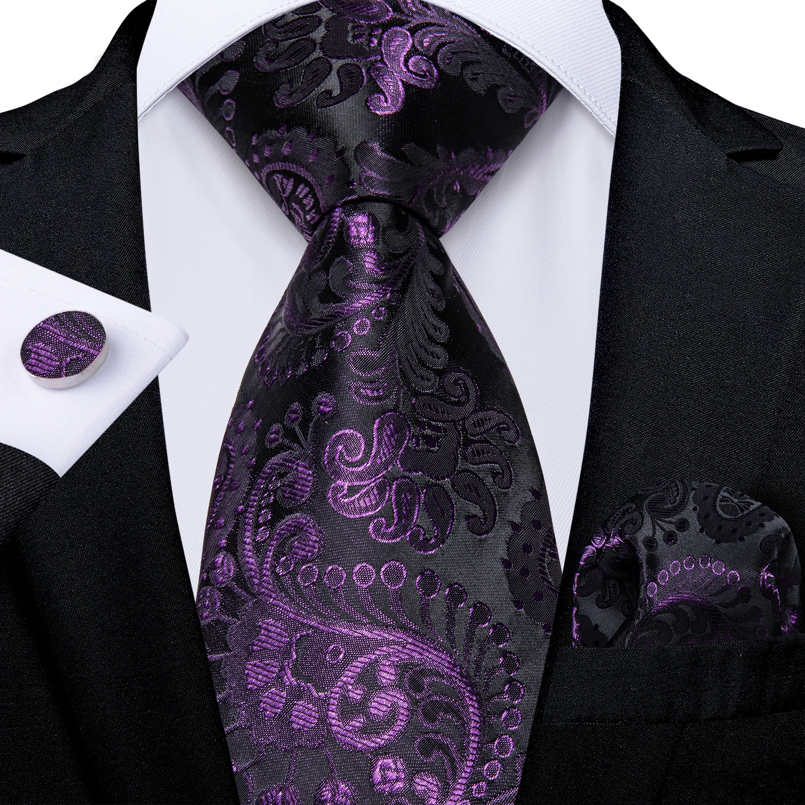 

Luxury Purple Paisley Silk Ties for Men Polyester 8cm Width Wedding Party Formal Necktie Handkerchief Cufflinks Gift Dropship