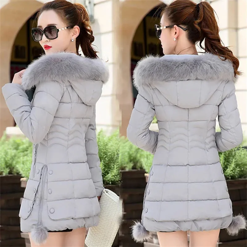 Cotton-Padded Jacket Women In Long New Autumn Winter Thickened Big Wool Collar Cotton Coat Korean Slim Cotton-Padded Coat