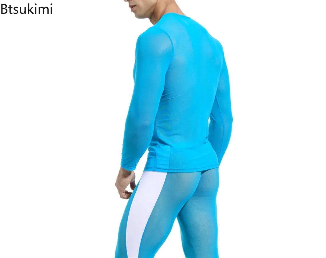 2026 Men's Sexy Mesh T-shirts High Elastic Transparent Long Sleeve Tops Men Sport Fitness Compression Tees See Through Gym Wear