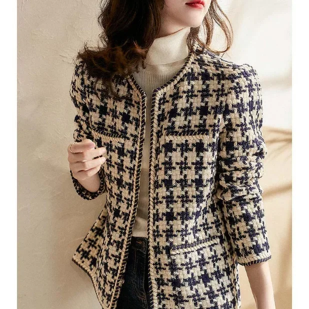 

2025 Elegant Weave Plaid Coats for Women Blazer With Pocket And Lining Autumn Winter Causal Tweed Coat Office Ladies Suit Jacket