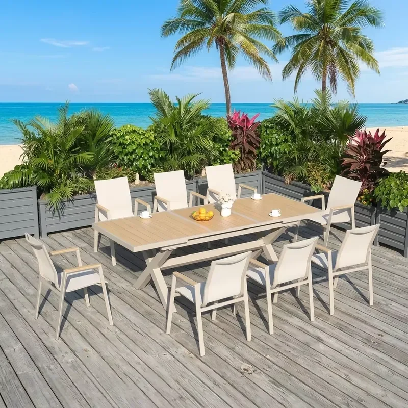 Modern Luxurious Waterproof Eco-friendly Durable Comfortable Foldable Oak Wicker Outdoor Dining Set Suitable for Gardens