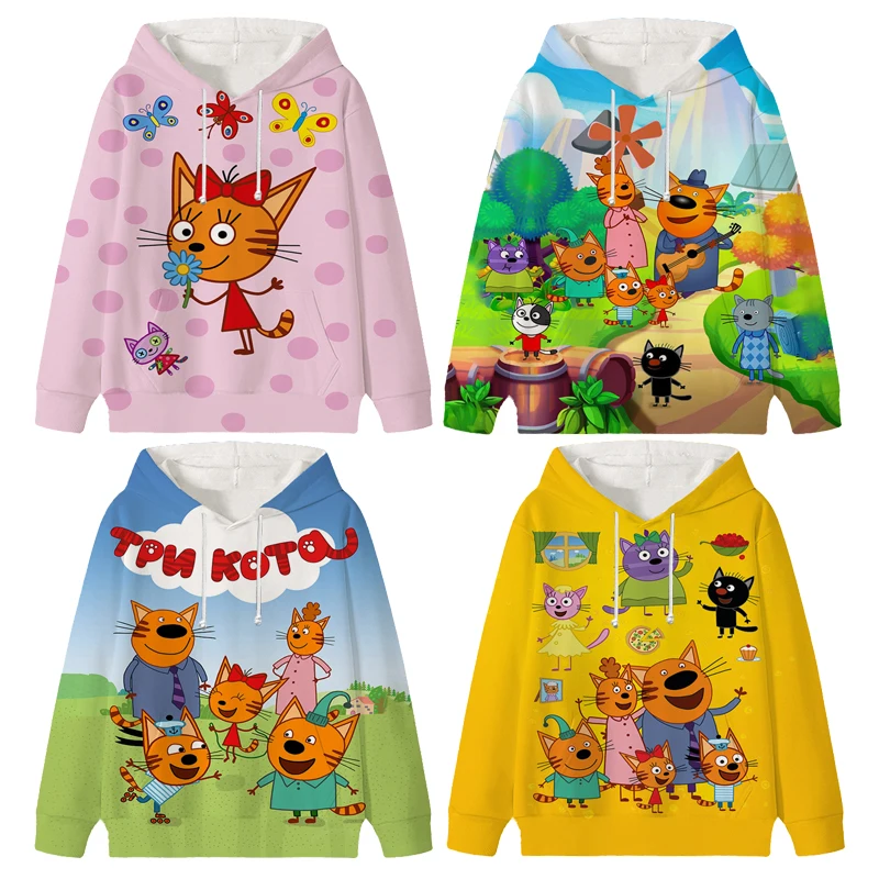 Tre gattini con cappuccio E gatti felpa russa bambini Cartoon bambini manica lunga neonati vestiti ragazza felpe con cappuccio Top