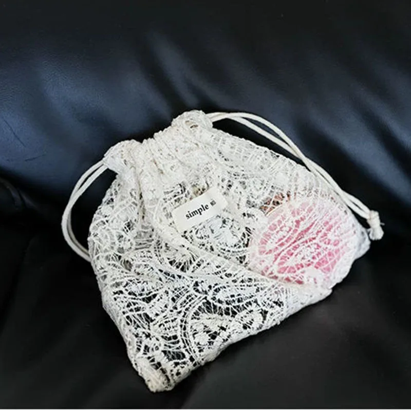 Vintage Apricot Lace Embroidery Makeup Case Cotton Drawstring Cosmetic Pouch Single Layer Portable Storage Bag