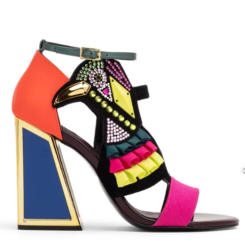 Colorful Rhinestone Bird Open Toe Shaped Heel Sandals Woman Summer 2026 Color Matching Buckle Thick Heel Shoes for Women