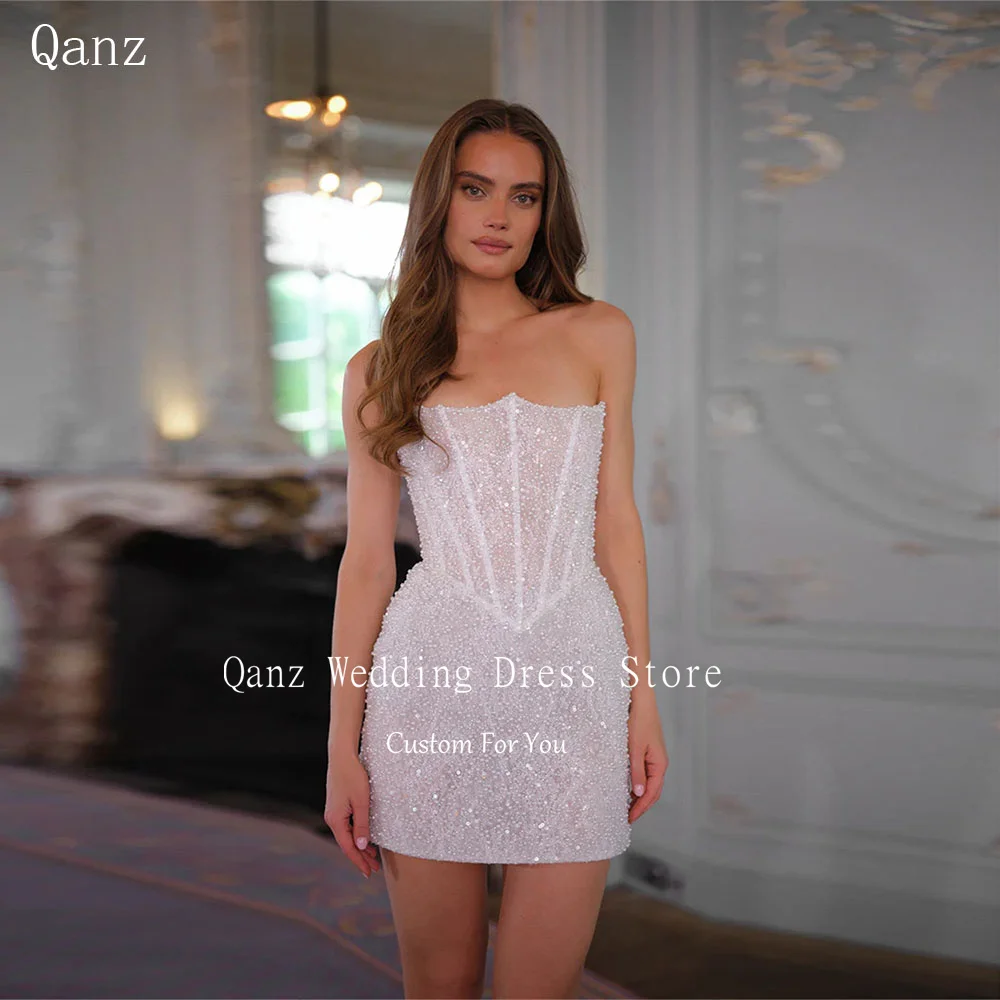 Qanz Elehant Short Wedding Party Dresses Glitter Beading Pearls Bridal Gowns Lace Up Back Vestidos De Novia Bohemios Customized