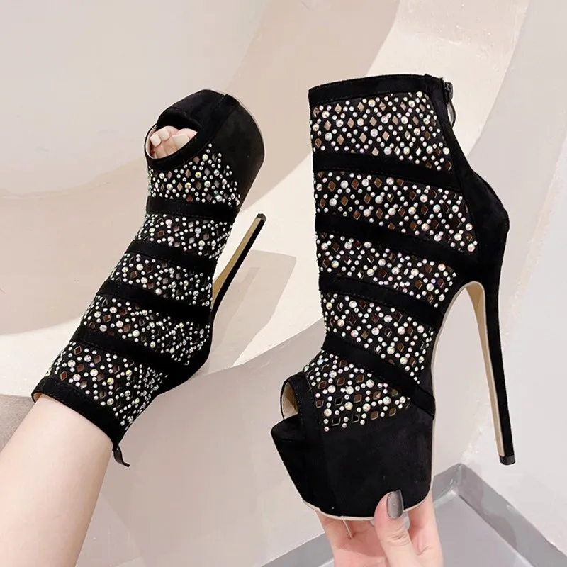 Lente Herfst Holle Strass Mesh Enkellaarzen Vrouwen Schoenen Sexy Peep Toe Zip Platform Hoge Hakken Paaldans Booties