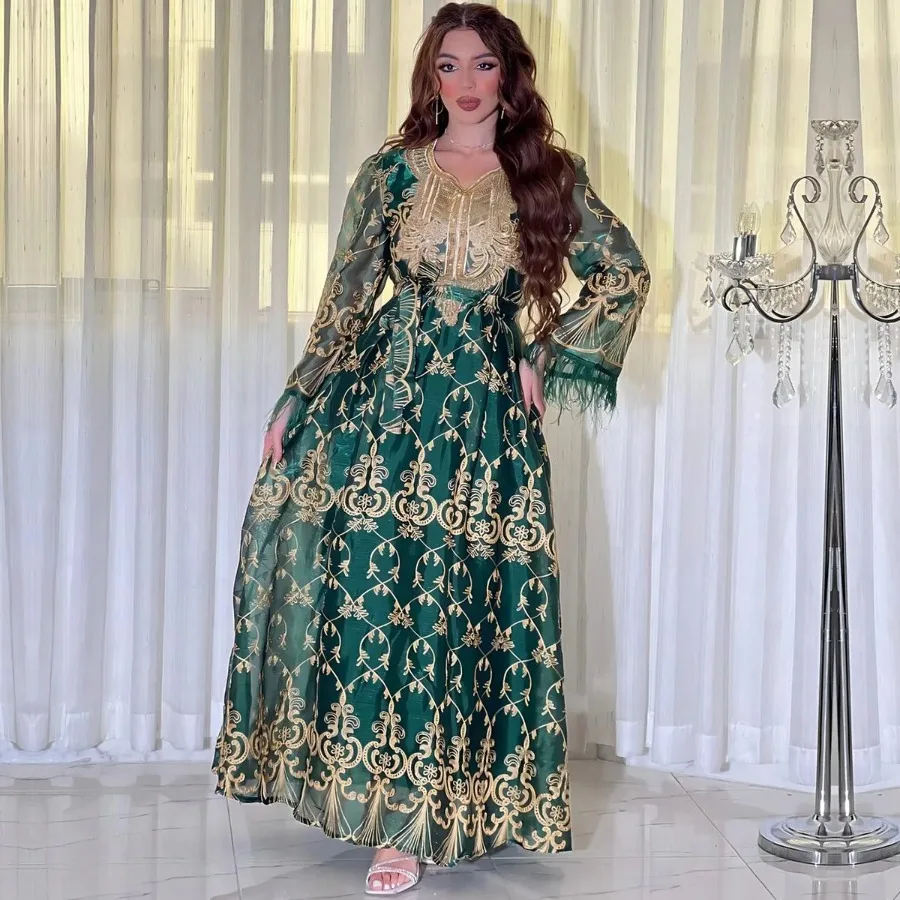 

Muslim Party Evening Dresses for Women Summer Elegant Muslim Long Sleeve V-neck Embroidery Long Dress Dubai Abaya Kaftan Dress