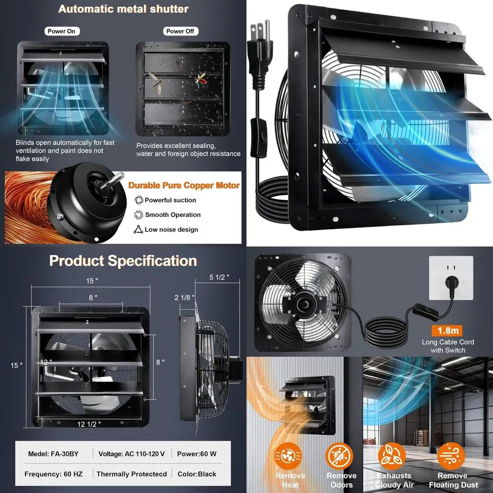 

12 Wall-Mounted Shutter Exhaust Fan, 1.8m Power Cord, 60Hz, 60W, Pure Copper Motor, Low Noise, Auto Shutter for Attic Ventilatio