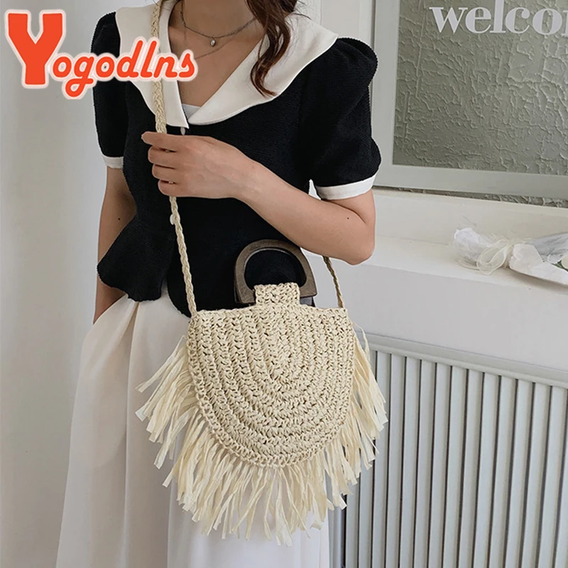 Yogodlns Summer Semicircle Straw Bag Female Tassel Vacation Beach Bag Totes Handmade Woven Girl Shoulder Crossbody Bag Totes