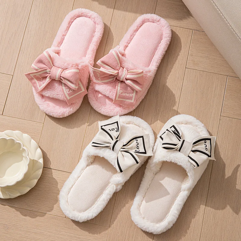 Love Fluffy Women's Slippers House Bow Luxury Designer Woman Shoes Flats Fuzzy Fur Slides Home Spring Autumn Elegant Soft Sole
