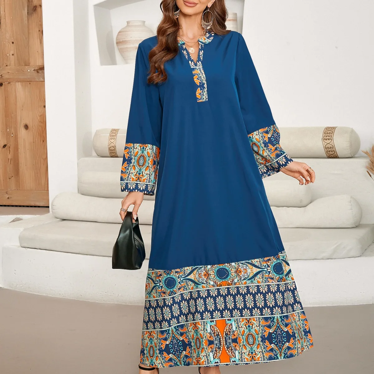 ชุดเดรสยาวพิมพ์ลาย V-Ne แบบต่อผ้า Dr Dubai Sle Mid-Sve Maxi Dr Faionable ชุดแสดงบนเวที เสื้อผ้าผู้หญิง