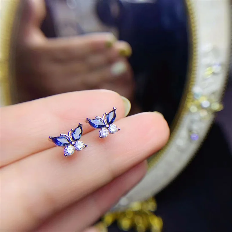 

Natural Sapphire Earrings Small Butterfly 925 Silver Earrings for Women with Certificate