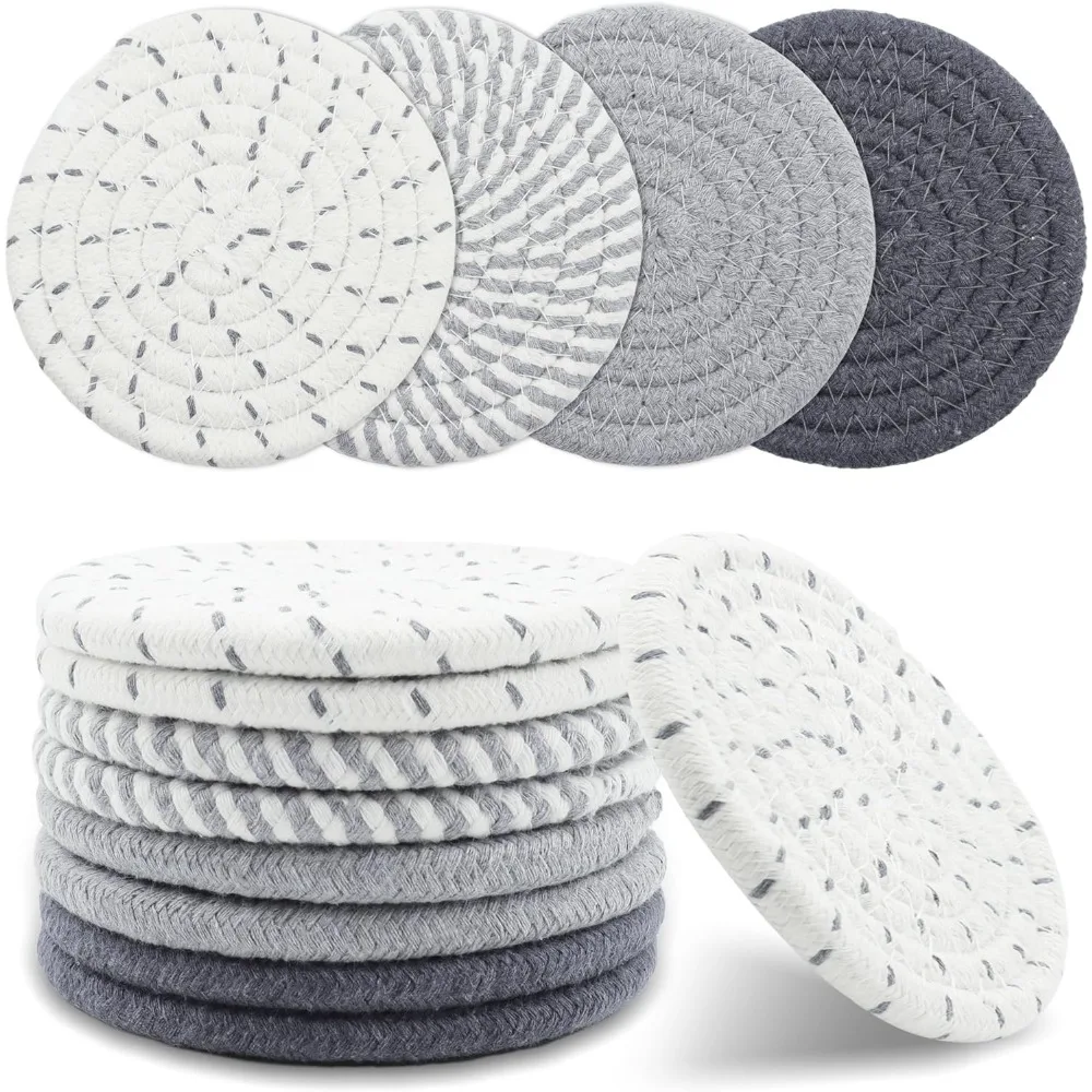 Juego de 8 posavasos absorbentes de algodón tejido con diseño minimalista, 4 colores surtidos para una excelente protección de bebidas, posavasos reutilizables y de secado rápido para mesas de café, mesas de comedor, escritorios de oficina y decoración del hogar.