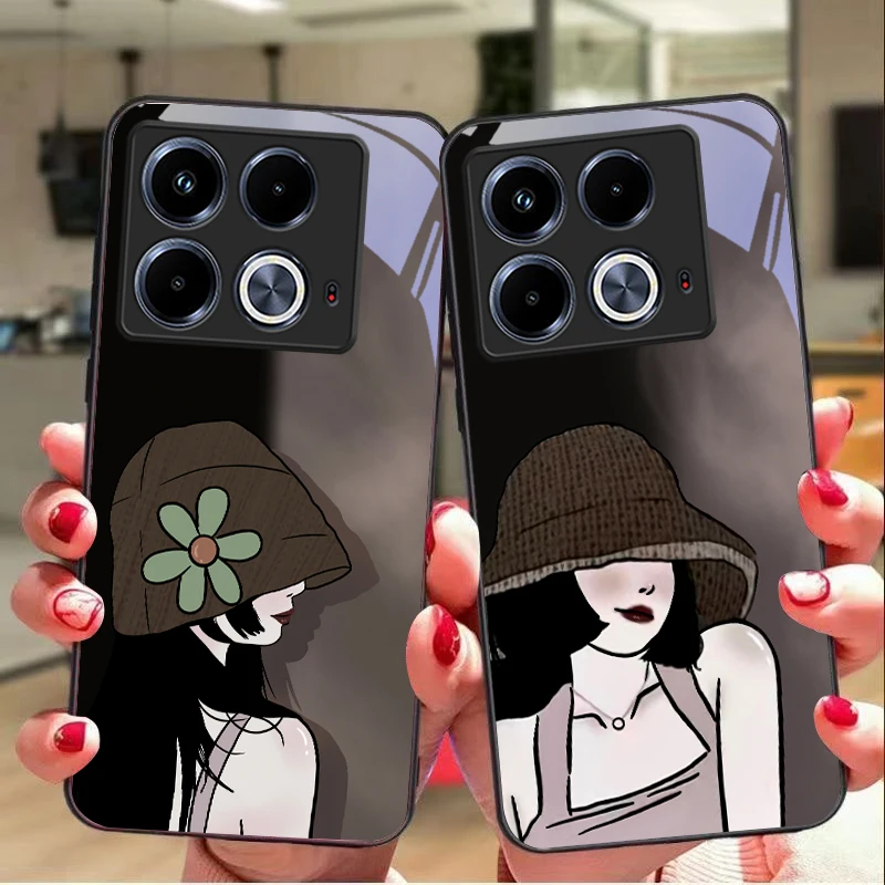 The girl wearing hat For Infinix Note 40 4G 30i 12 G96 Smart 8 Hot 9 Play 10 11S 12 20i 50 Pro Plus 5G tempered glass phone case