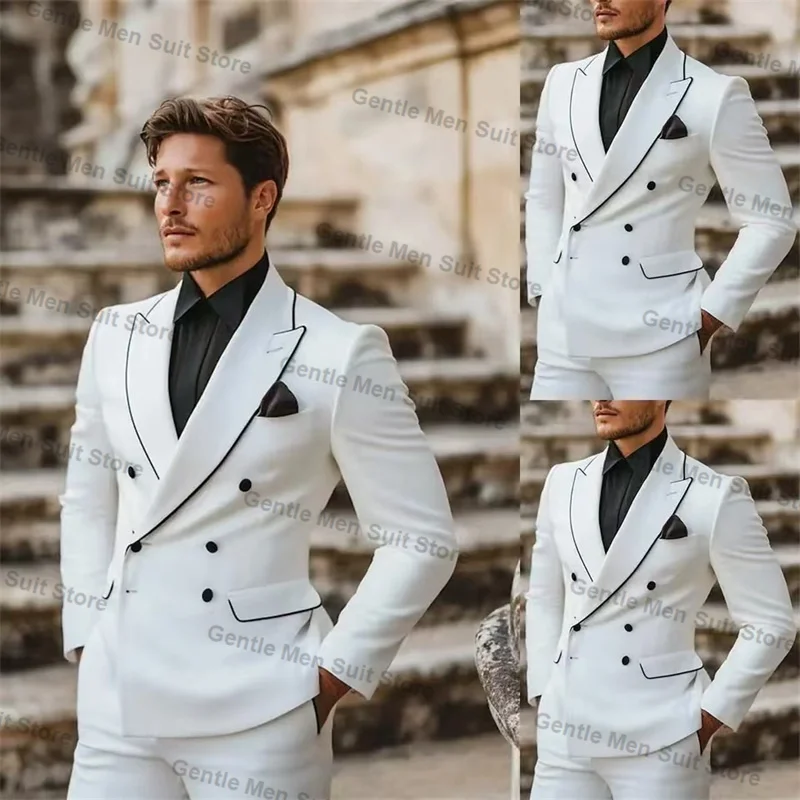 White Black Men Suits Set 2 Piece Blazer+Pant Formal Wedding Tuxedo Coat Customized Business Office Cotton Jacket Trouser