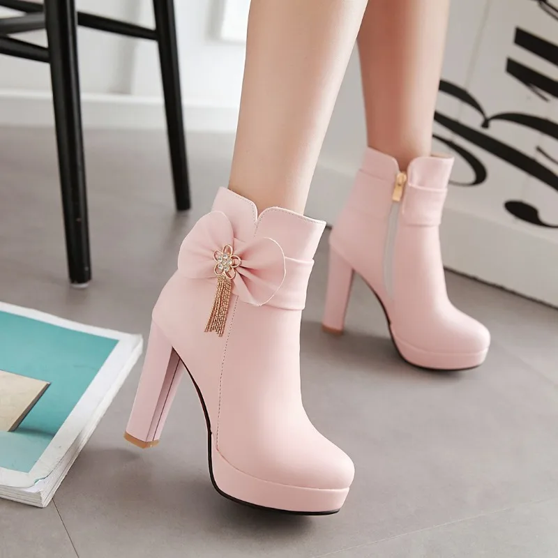 Versión coreana Lady Lolita botines de tacón alto zapatos de fiesta de boda para mujer borla con nudo de mariposa botas de tacón alto de moda