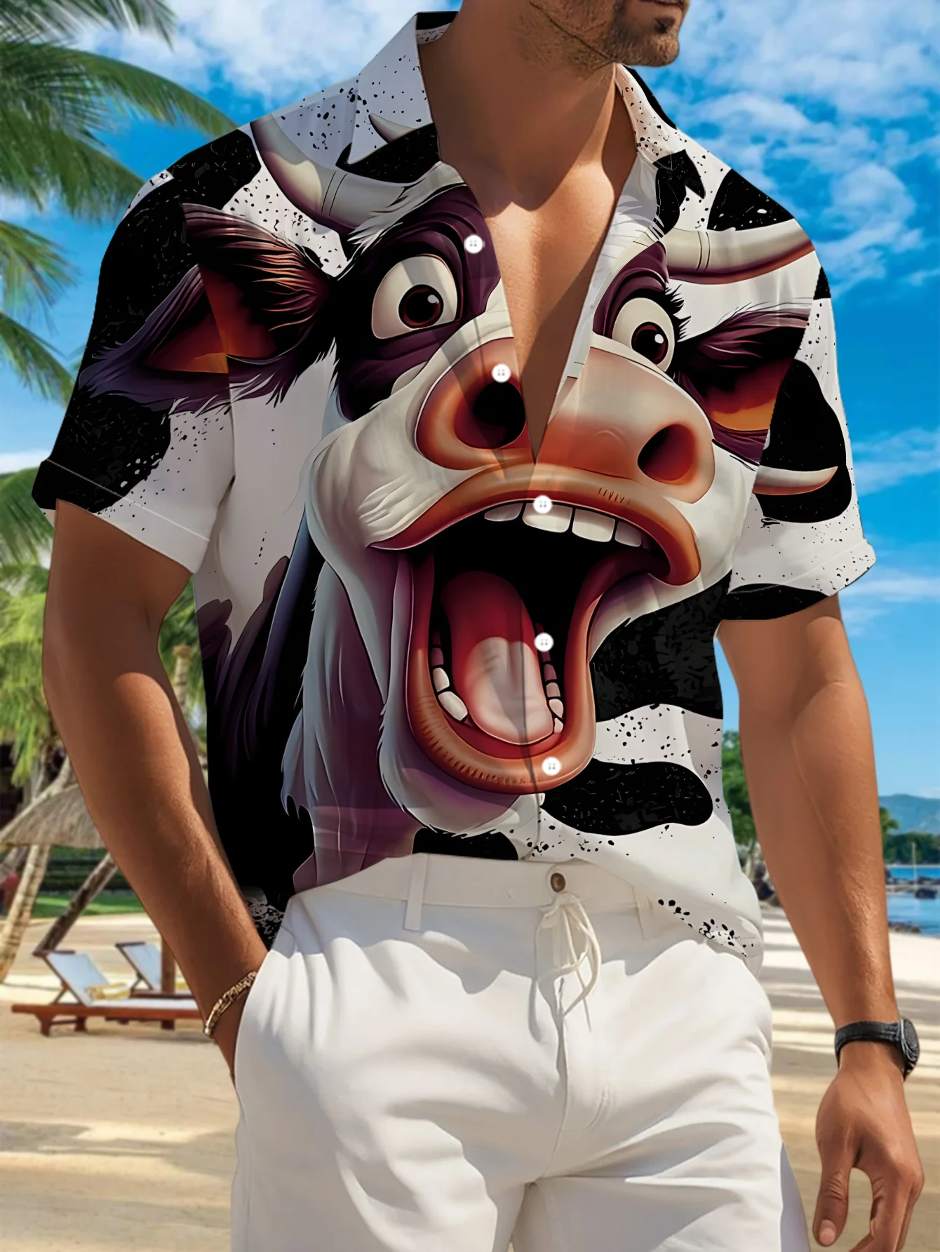 New Men's Casual Short-Sleeve Shirt Featuring Surprised Cow 3D Print Perfect Holiday Gatherings Commuting Men Tops
