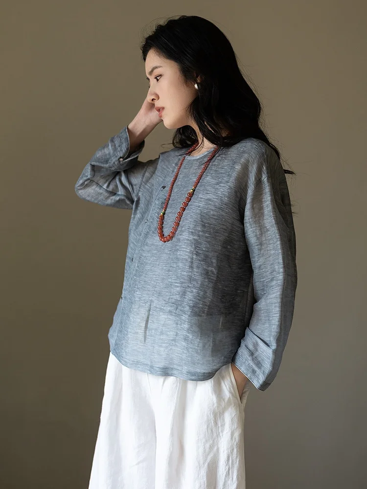 

Ele Linen Silk irt round Ne Long Sve Chinese Sle Slanting Hem Travel Women's Faionable Casual Loose Fit irt