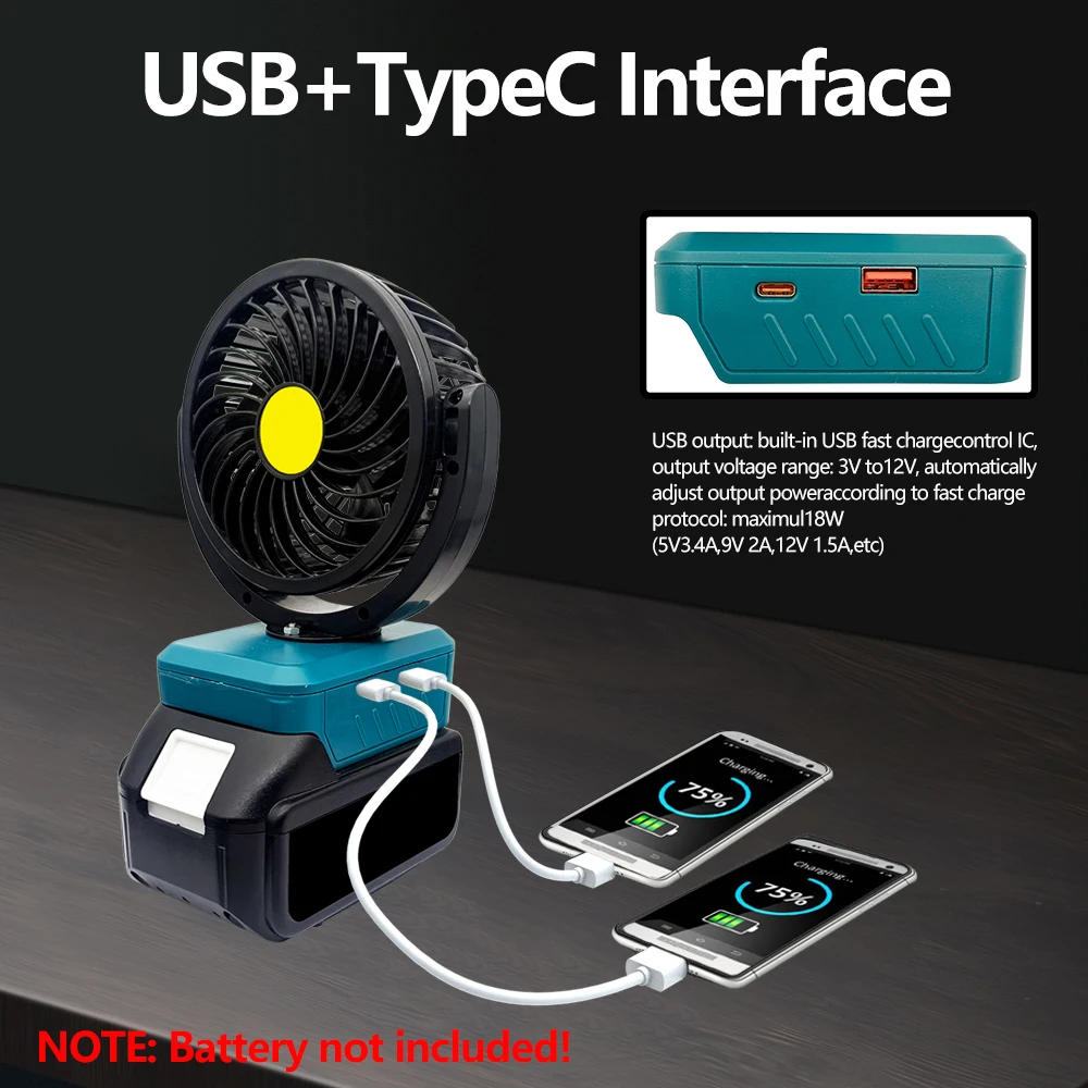 Power Tool Parts for Makita 18V Li-ion Battery Electric Fan Desktop Table Fan USB TypeC Charger Power Bank BL1830 BL1815 BL1860