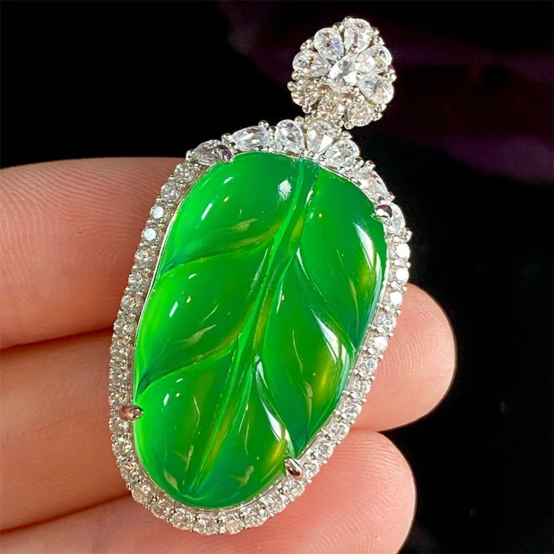 Natural Burmese jewelry ice  sweet sun leaf jadeite pendant  full green leaves