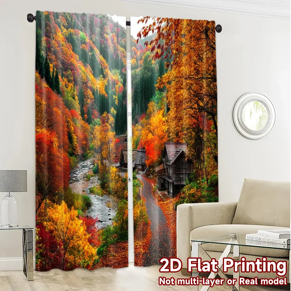 2pcs Autumn Forest Curtains Fall Nature Scenery River Mountain Window Drapes Rustic Landscape Decor Living Room Bedroom