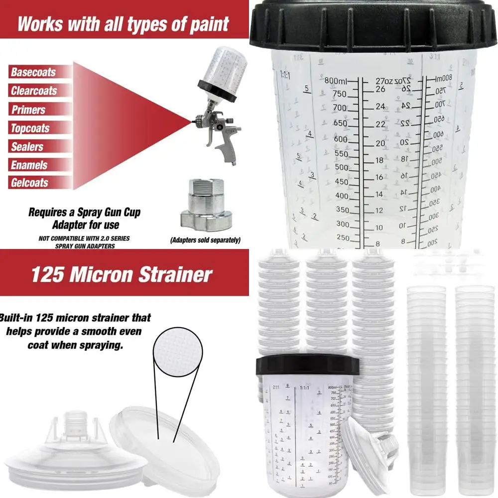 

50 Paint Spray Cups Liners & Lids, Hard Cup with Retainer, 20 Plugs - 800ml, 125 Micron, for 1.0 System