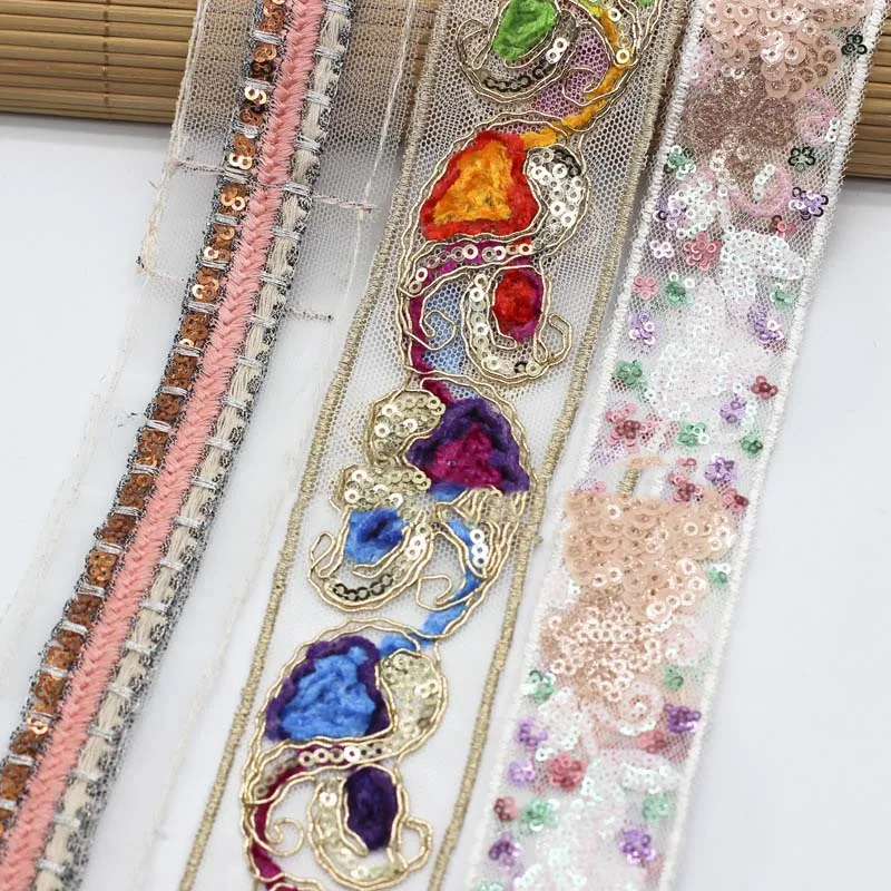 30Yds Ethnic Sequins Corded Lace Ribbon Handmade Embroidered Curtain Lace Trim bar Code for Clothing Decoration