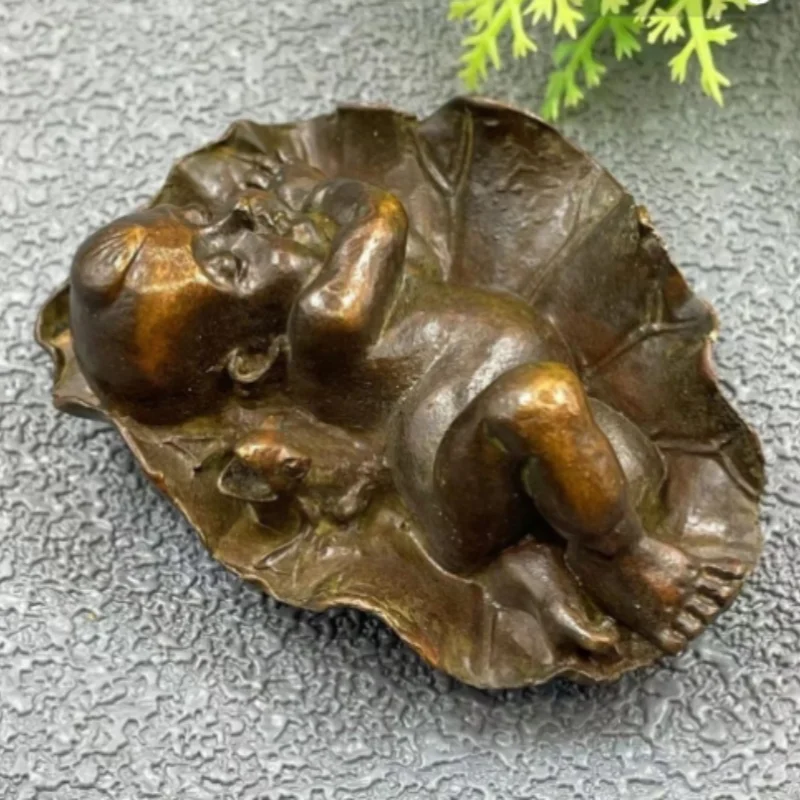 Vintage Bronze Lotus Leaf & figure Sculpture- Traditional Zen Tea Table accessory & Home Desktop