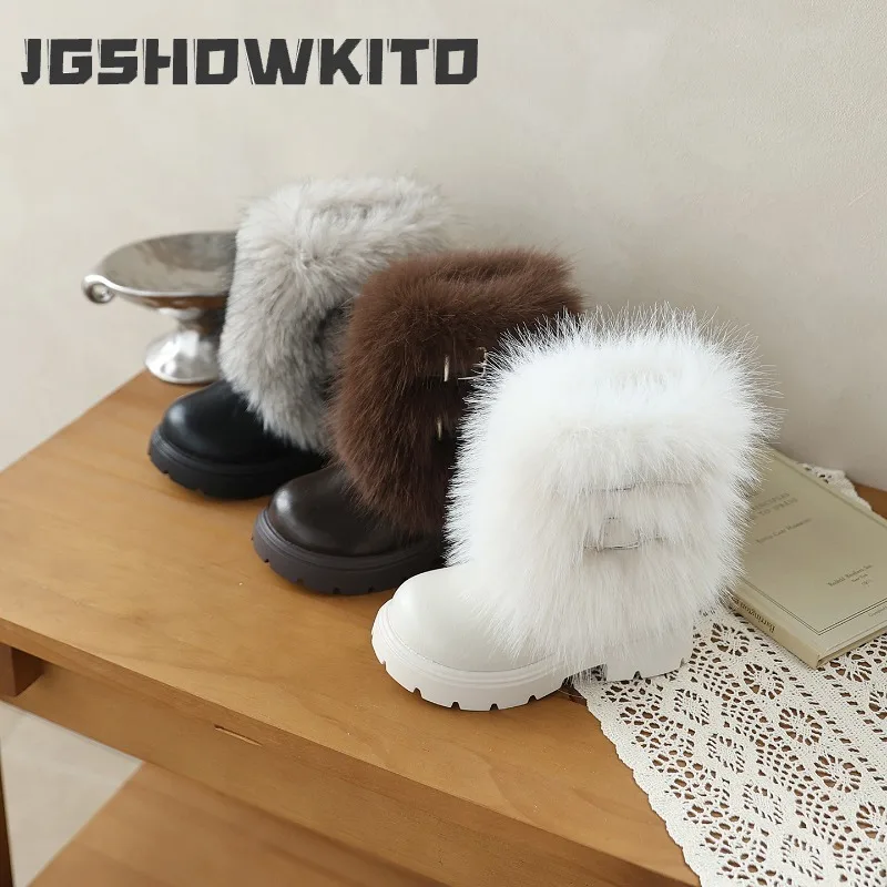 JGSHOWKITO Toddler Kids Winter Plush Boots Warm Flurry Fashion Mid-calf Boots for Girls Princess Thick Bottom Kids Cotton Boots