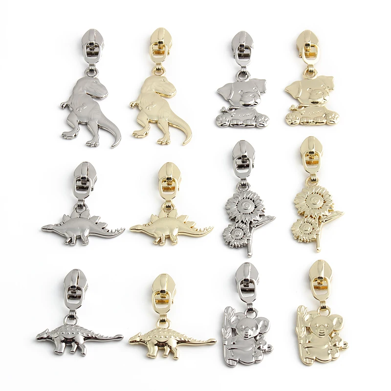 5PCS Two Sides 5# Nylon T-rex,Koala Shape Metal Zipper Sliders For Clothing Bags Purse Zip Head DIY Sewing Accessories