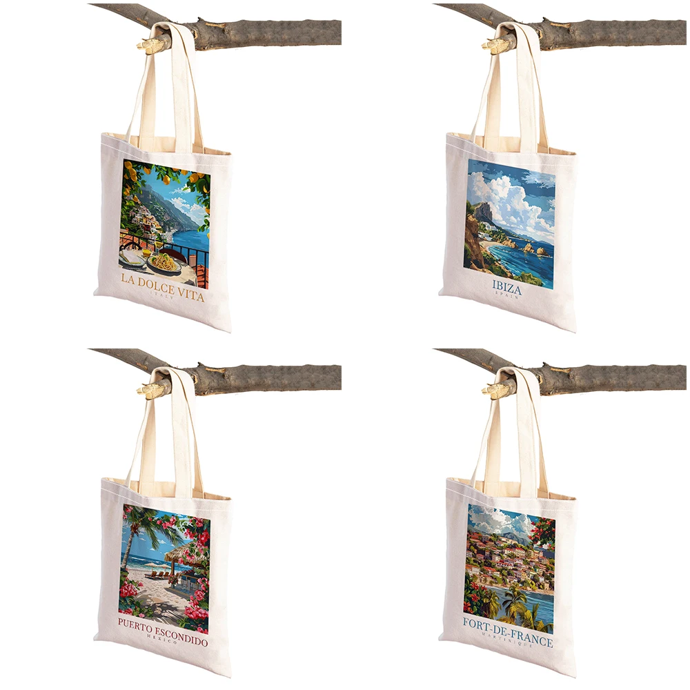 Seaside Scenery Art Lady Shopper Bags Tote Travel to City Landscape Handbag Both Sides Palm Flower Casual Women Shopping Bag