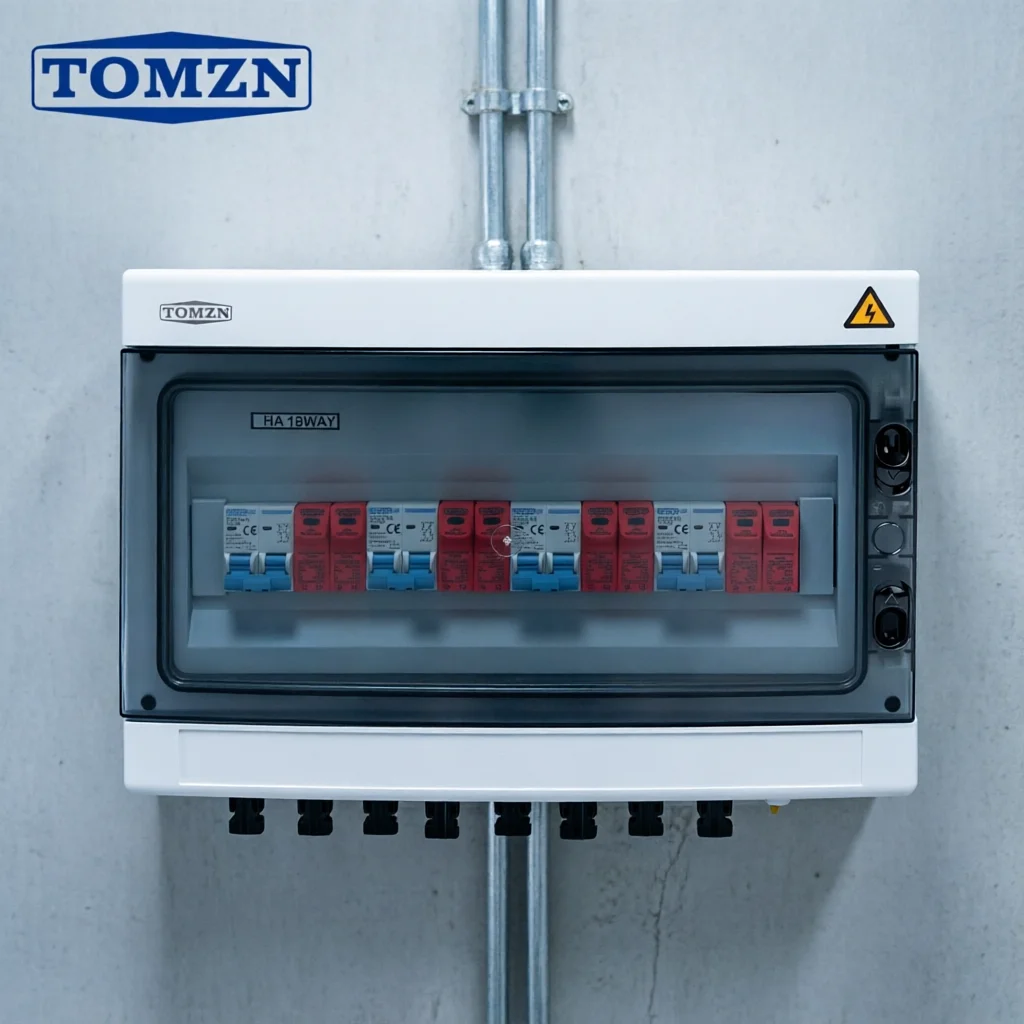 TOMZN 1000VDC Solar PV Combiner Box 4 Input 4 Output IP65 Waterproof with MCB SPD Lightning Protection