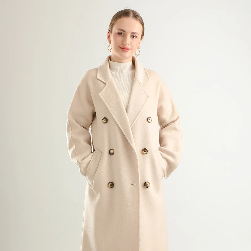 

Women's Single-Breasted Lace-Up Loose Mid-Length Coat, 100% Merino Wool Lapel, Commuting Classic Coat, Autumn and Winter, New,