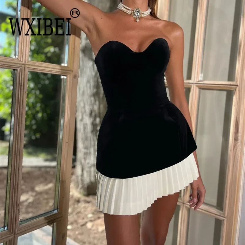 

WXIBEI Fashion Solid Color Sleeveless Patchwork Dress Women Elegant Backless Sleeveless Female Mini Dresses 2024 Summer 03A012