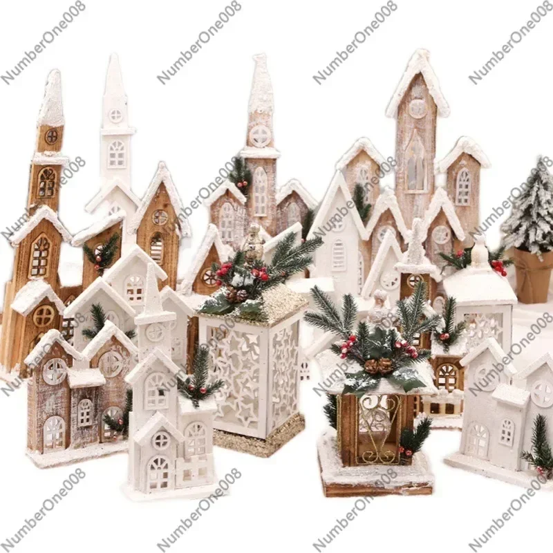 

Wooden Glowing Christmas House, Battery Operated Snow Village Decoration with LED Light, Festive Ornament for Xmas Tree Mantel