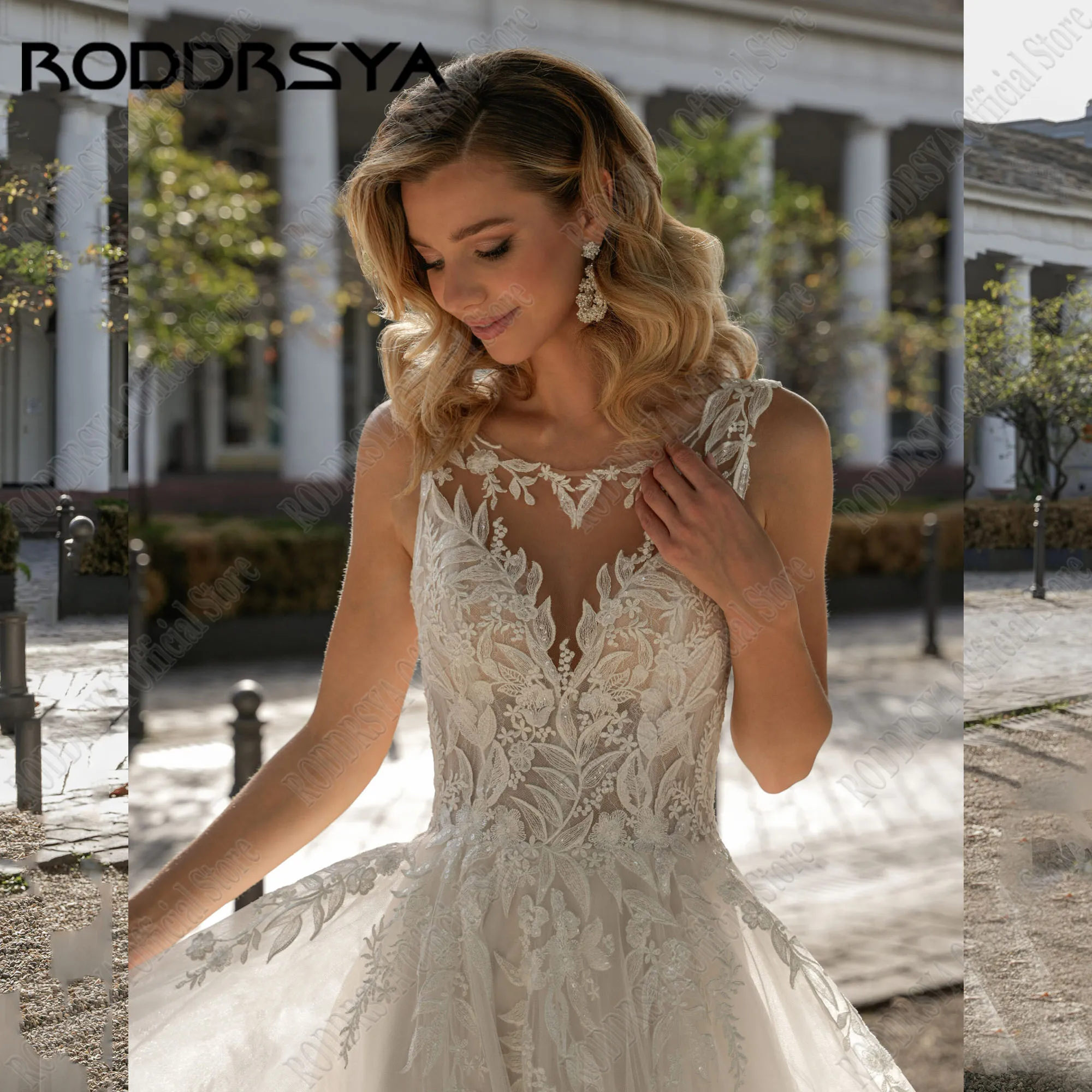 RODDRSYA Applique kant trouwjurk voor vrouw ronde hals zonder rug mouwloze boho bruid jurken pailin A-lijn Vestids De NoviaRODDRSYA Applique Kant Bruidsjurk Voor Vrouw Scoop Hals Backless Mouwloos Boho Bruidsjurken Pai