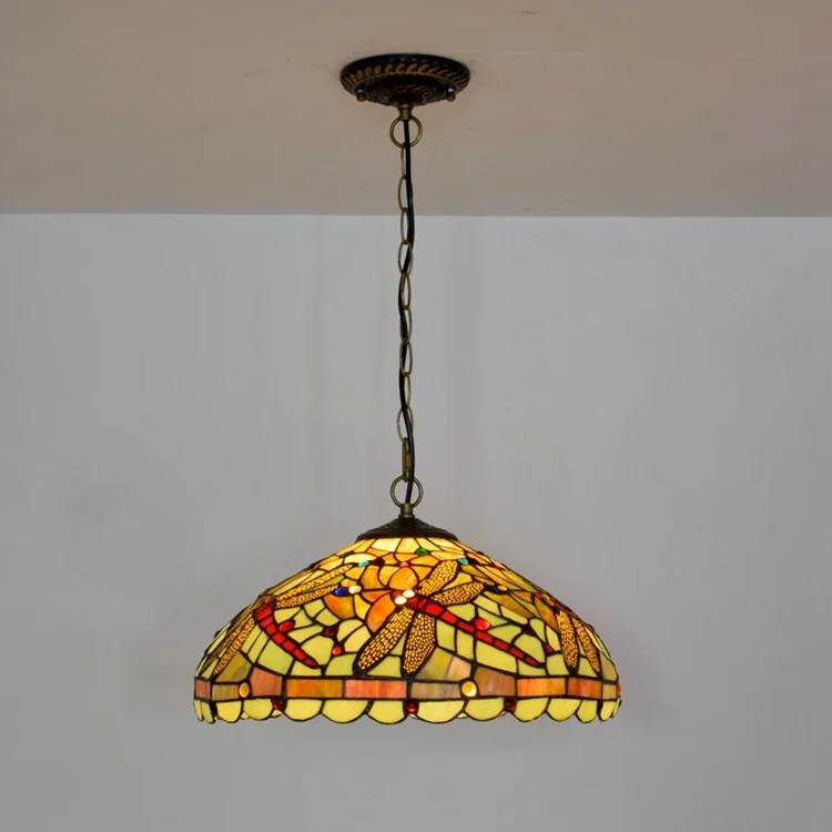 16 Inch Retro Tiffany Pendant Light Fixture Yellow Green Dragonfly Stained Glass Hanging Lamp For Dining Room Bedroom Livingroom