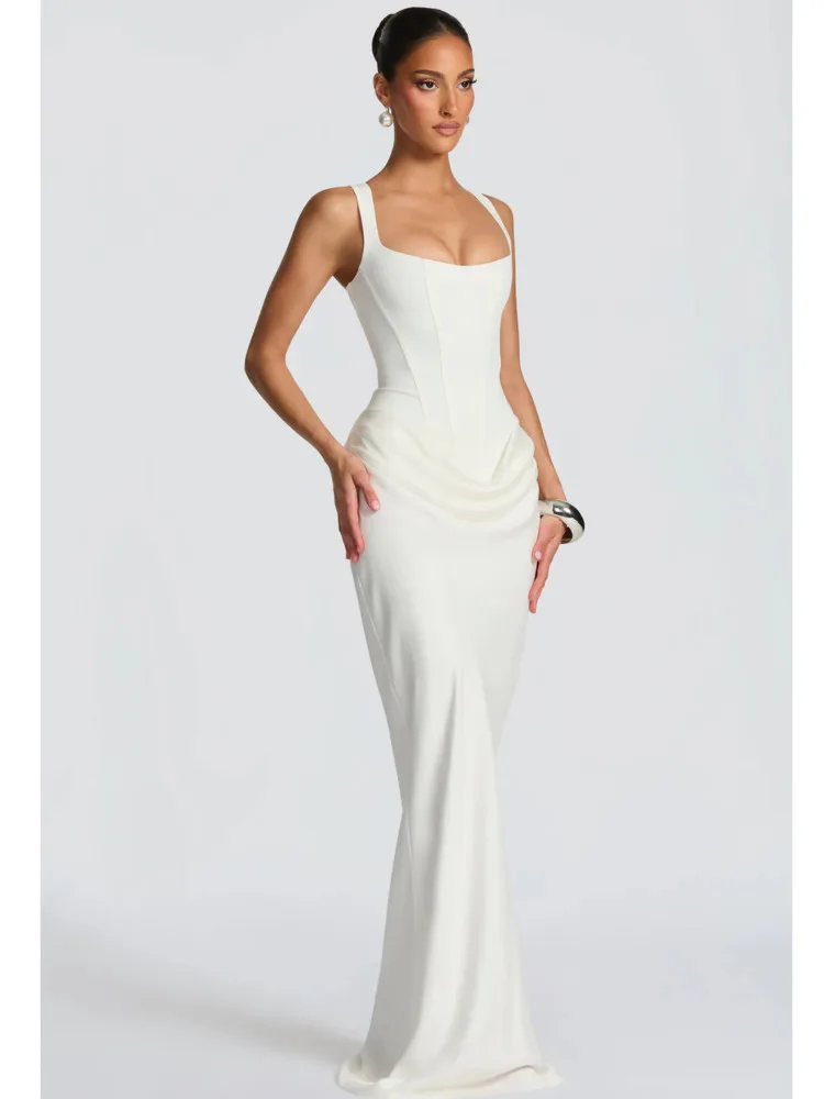 DFDG Damen 2025, Frühling und Sommer, elegantes Korsettkleid, quadratischer Ausschnitt, Schlinge, figurbetont, Midi-Partykleid, schmale Passform, hohe Taille